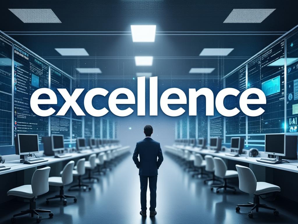 Persona de pie frente a una sala de servidores con múltiples pantallas y la palabra 'excellence' en letras grandes y brillantes.
