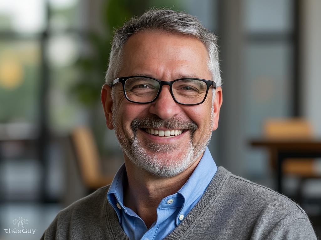 Smiling man with glasses and gray hair in casual blue shirt and sweater indoors.