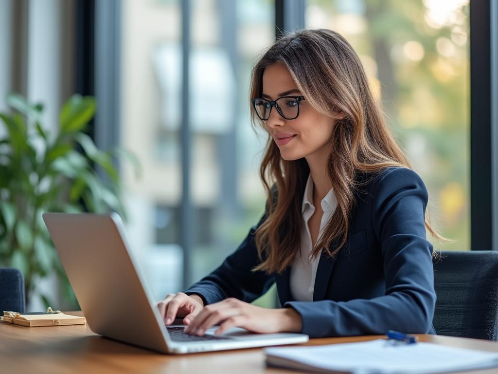 Mujer con gafas trabajando en una computadora portátil en una oficina luminosa.