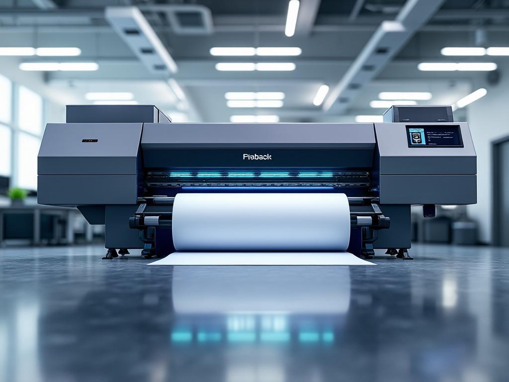 Impresora industrial moderna en oficina bien iluminada con papel en proceso de impresión.