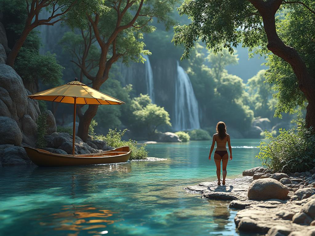 Mujer en traje de baño junto a lago cristalino con cascada y bote con sombrilla, rodeado de árboles verdes.