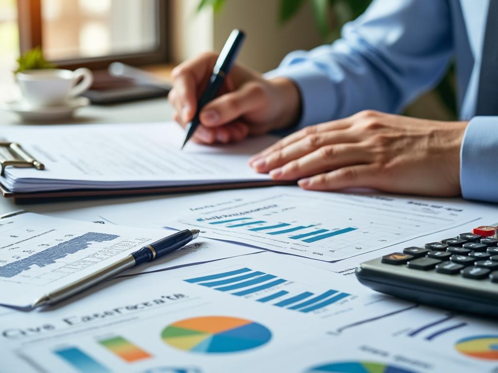 Persona escribiendo en documentos financieros con gráficos y calculadora en la mesa.