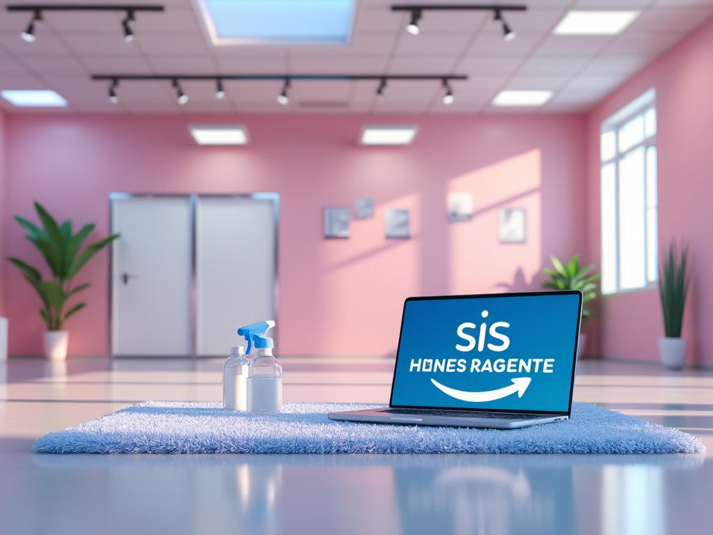 Ordenador portátil con pantalla azul mostrando texto, junto a botellas de spray sobre alfombra azul en sala con paredes rosadas y plantas.