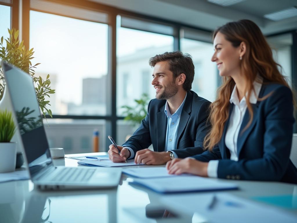 Dos personas en traje formal trabajando en una oficina moderna con luz natural, plantas y un ordenador portátil en primer plano.