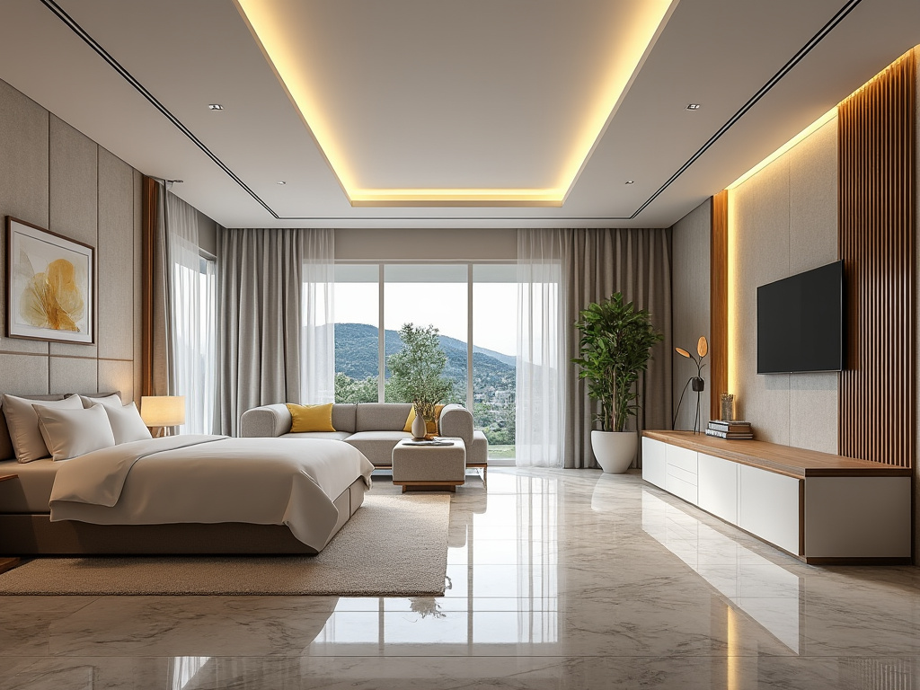 Habitación moderna y elegante con cama, sofá, mesa de café, televisor y gran ventanal con vista panorámica.