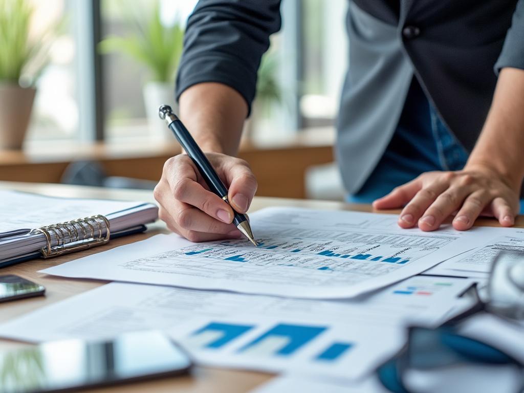Persona revisando gráficos financieros en una mesa de oficina con documentos y bolígrafo.