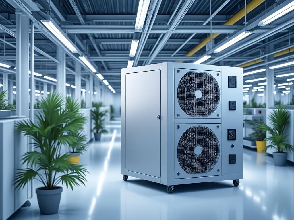 Unidad de aire acondicionado industrial en un pasillo con plantas en macetas y luces LED en el techo.