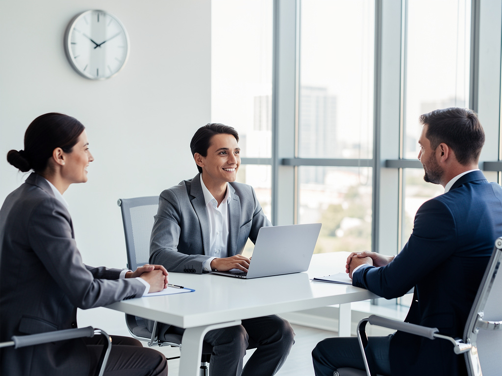 Reunión de negocios en oficina moderna con tres profesionales, portátil y grandes ventanales