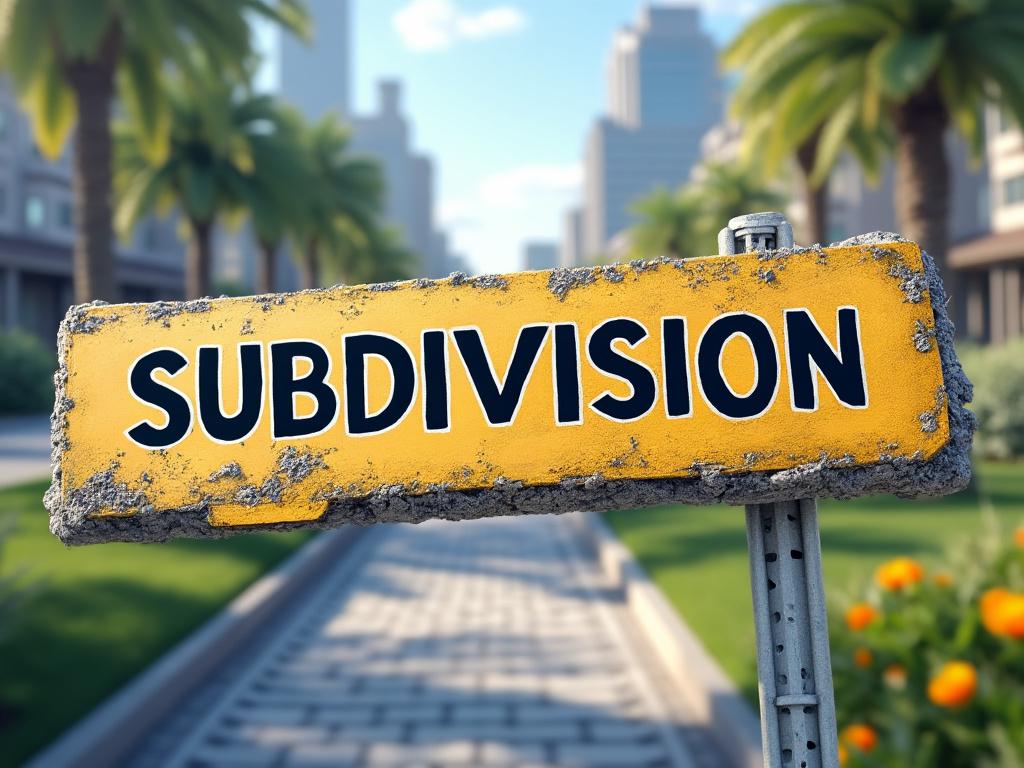 Cartel amarillo de subdivisión en un entorno urbano con palmeras y edificios al fondo.