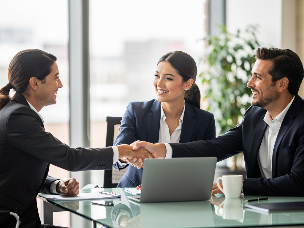 Profesionales de negocios estrechando manos durante una reunión en oficina moderna