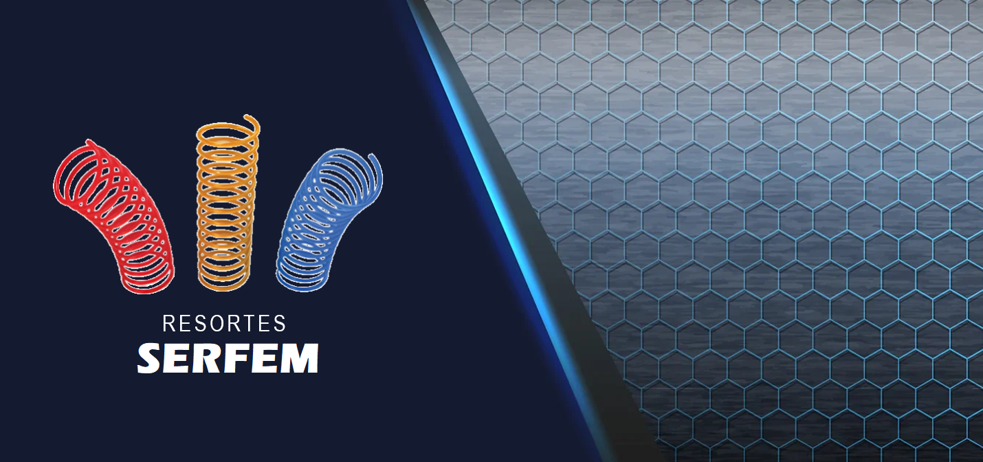 Imagen gráfica de Resortes SERFEM con diseño de espirales de colores rojo, amarillo y azul sobre fondo azul con patrón hexagonal.