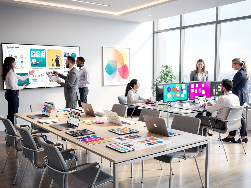 Equipo de marketing digital colaborando en oficina moderna con pantallas, portátiles y diseños gráficos coloridos