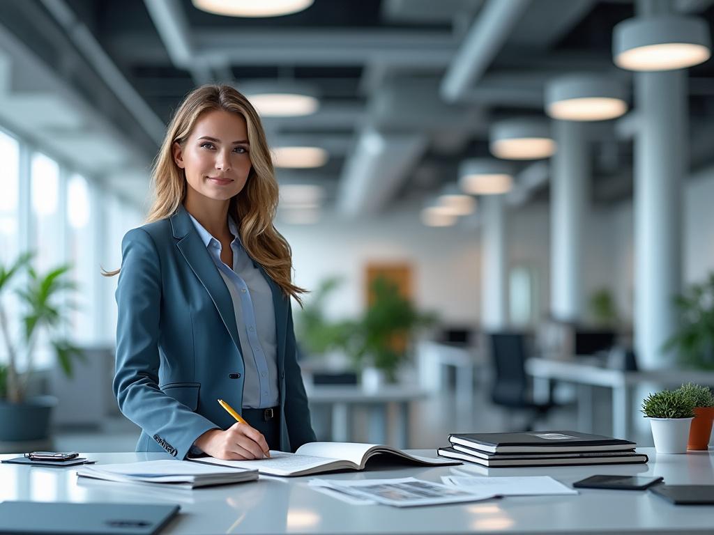 Mujer sonriente con traje azul trabajando en una oficina moderna con plantas y luz natural.