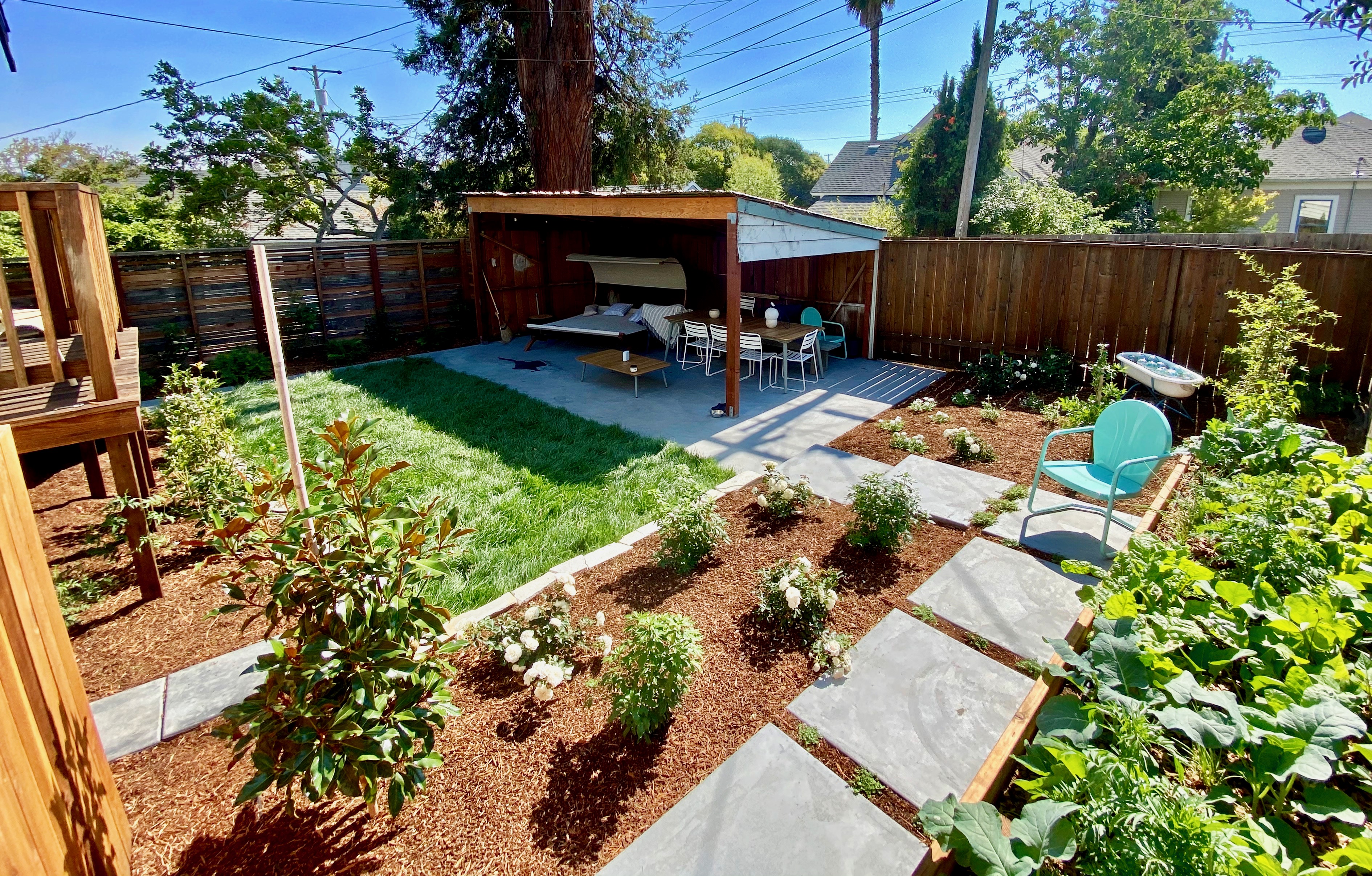 After - lawn, covered patio, veggie bed, white blooms - Moon Garden