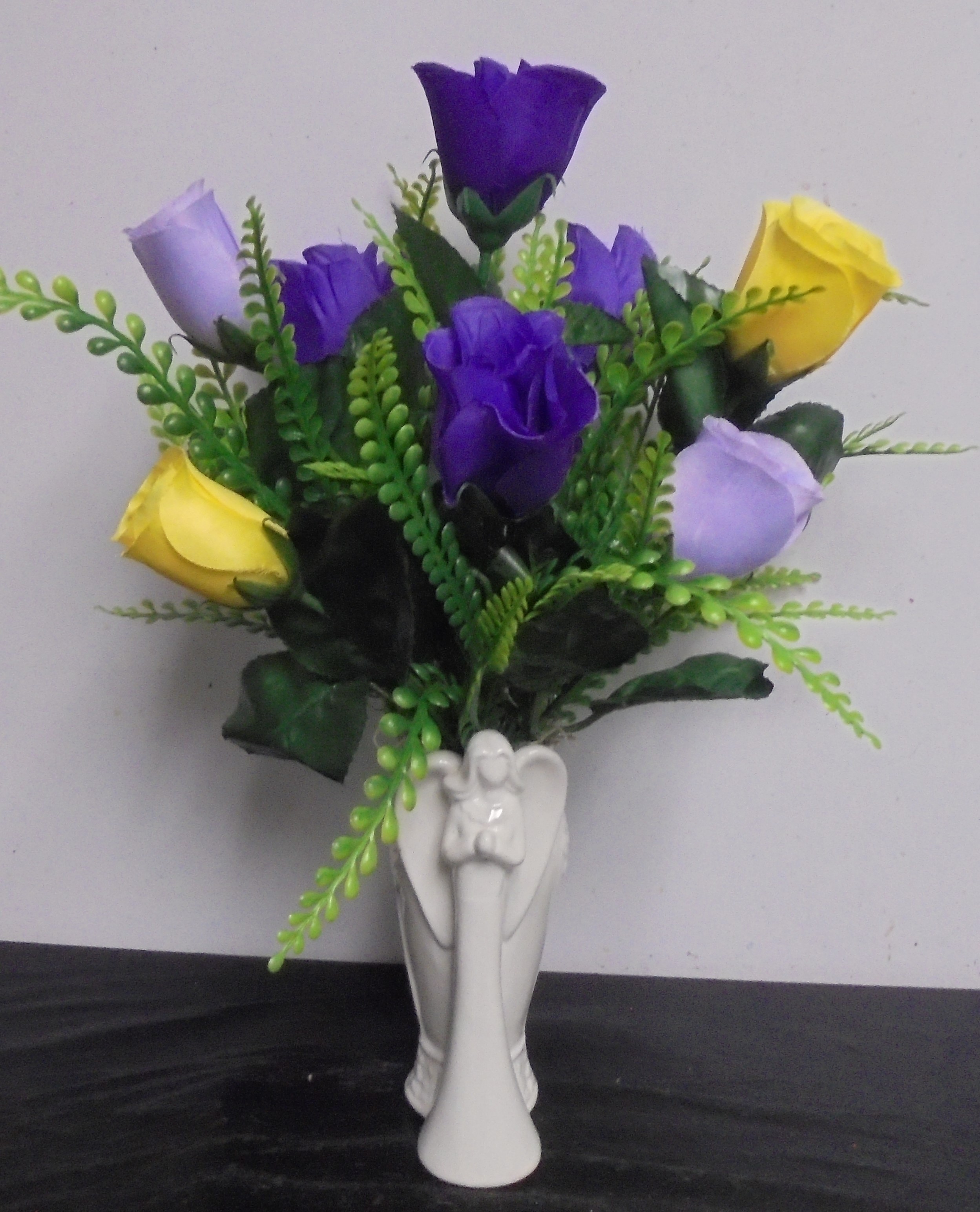 (SORRY SOLD!!)
(1)  "Silk" Angel Arrangement
 (Purple & Yellow)
$23.50