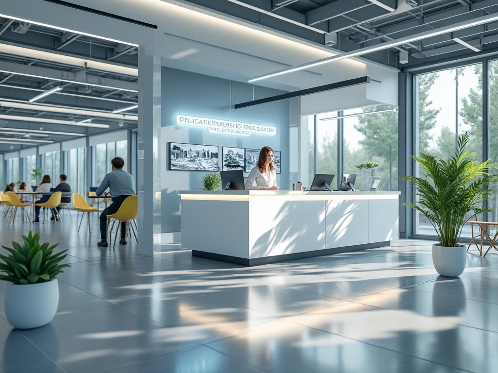 Recepción moderna y luminosa con muebles blancos, escritorio de atención y plantas decorativas.