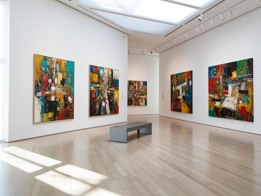 Galería de arte contemporáneo con pinturas abstractas coloridas, banco central y luz natural