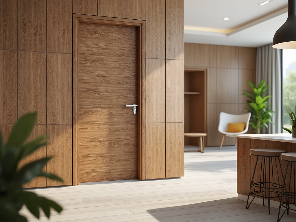 Modern interior with wooden door, minimalist furniture, and indoor plants in a bright living area.