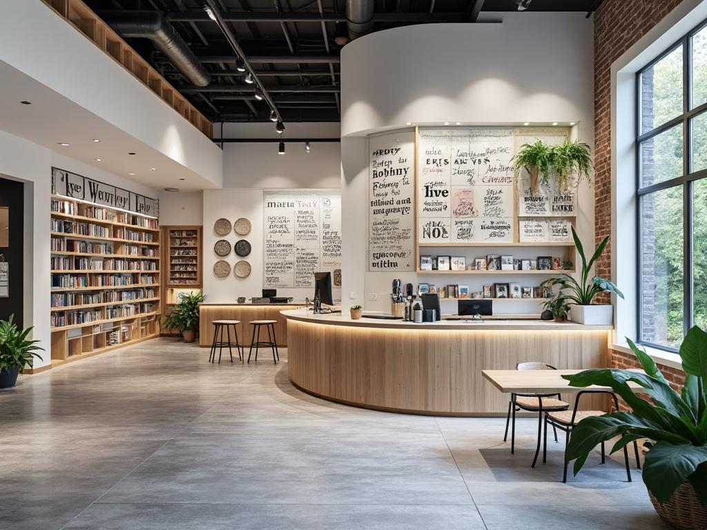 Interior de una librería moderna con estanterías llenas de libros, un mostrador de madera, carteles decorativos y plantas ornamentales, junto a una gran ventana.