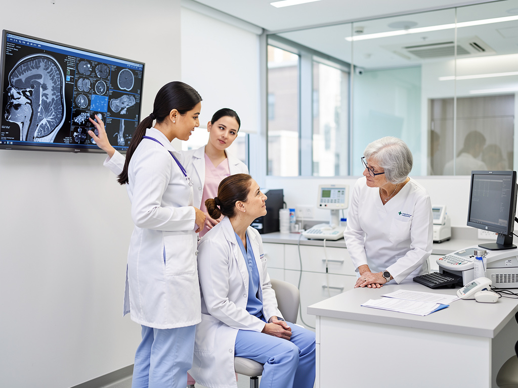 Equipo médico revisa resonancias magnéticas cerebrales en consulta neurológica moderna