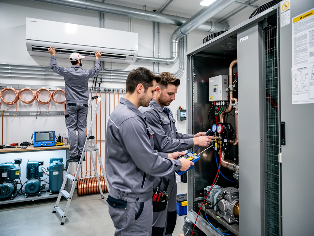 Técnicos HVAC instalando aire acondicionado y revisando sistema de refrigeración industrial con manómetros en sala técnica Técnicos HVAC instalando aire acondicionado y revisando sistema de refrigeración industrial con manómetros en sala técnica