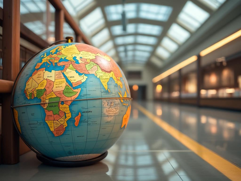 Large globe placed on a reflective floor in a well-lit hallway with a glass ceiling.
Large globe placed on a reflective floor in a well-lit hallway with a glass ceiling.
