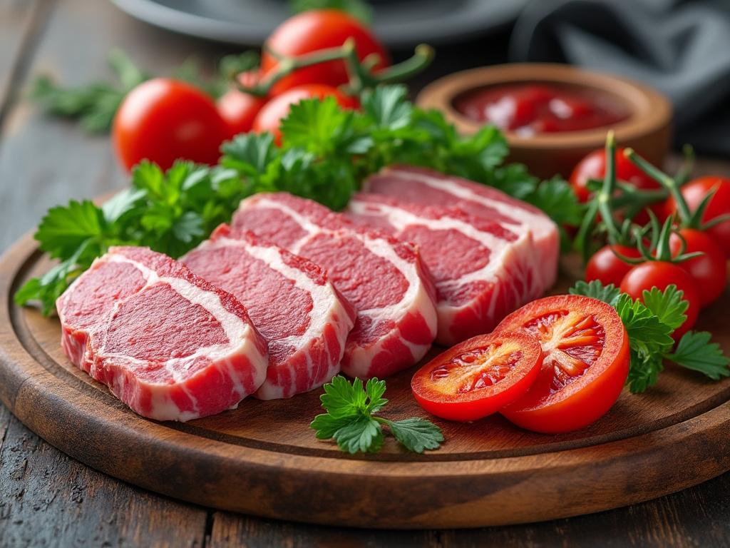 Rodajas de carne cruda en una tabla de madera con tomates y perejil fresco. Rodajas de carne cruda en una tabla de madera con tomates y perejil fresco.