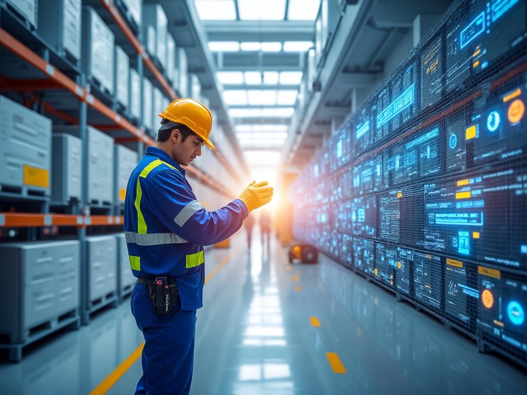Trabajador con casco y chaleco revisando paneles digitales en un almacén moderno con luz solar de fondo.