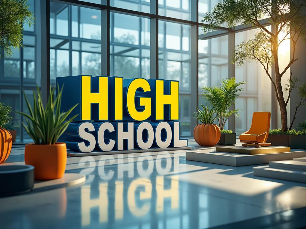 Entrada de una escuela secundaria moderna con plantas decorativas y silla anaranjada.