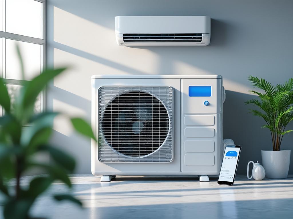 Unidad de aire acondicionado en habitación moderna con planta y smartphone mostrando la aplicación de control.