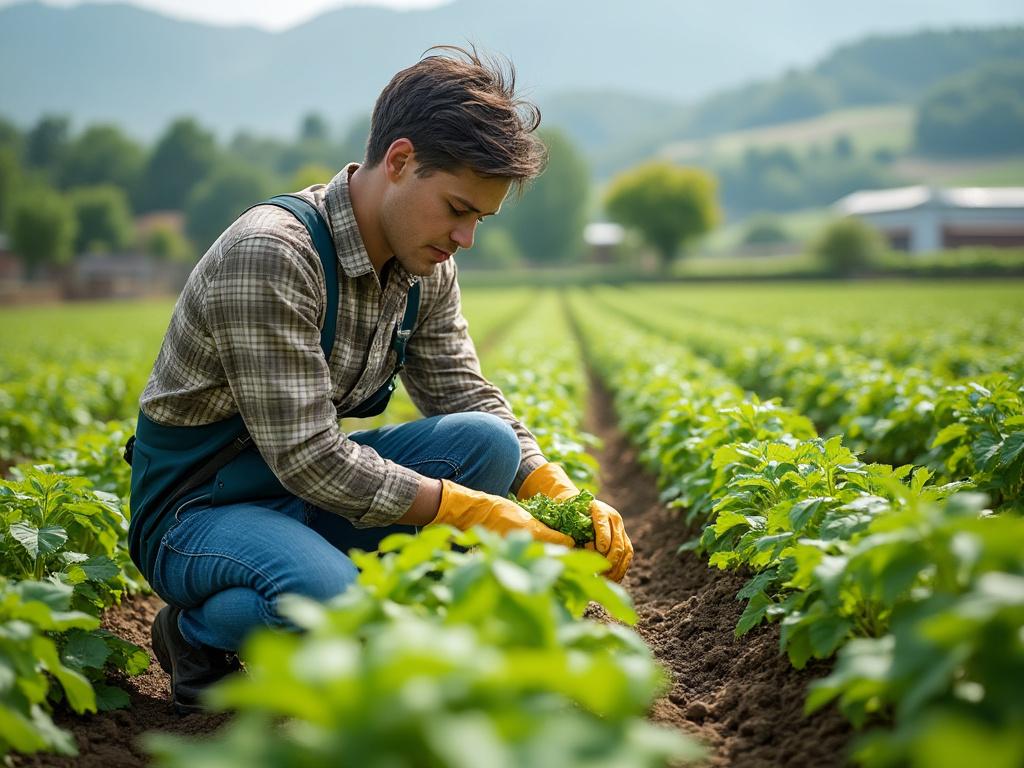 Agricultor joven revisando plantas en un campo de cultivo al aire libre, rodeado de colinas y cielo despejado.