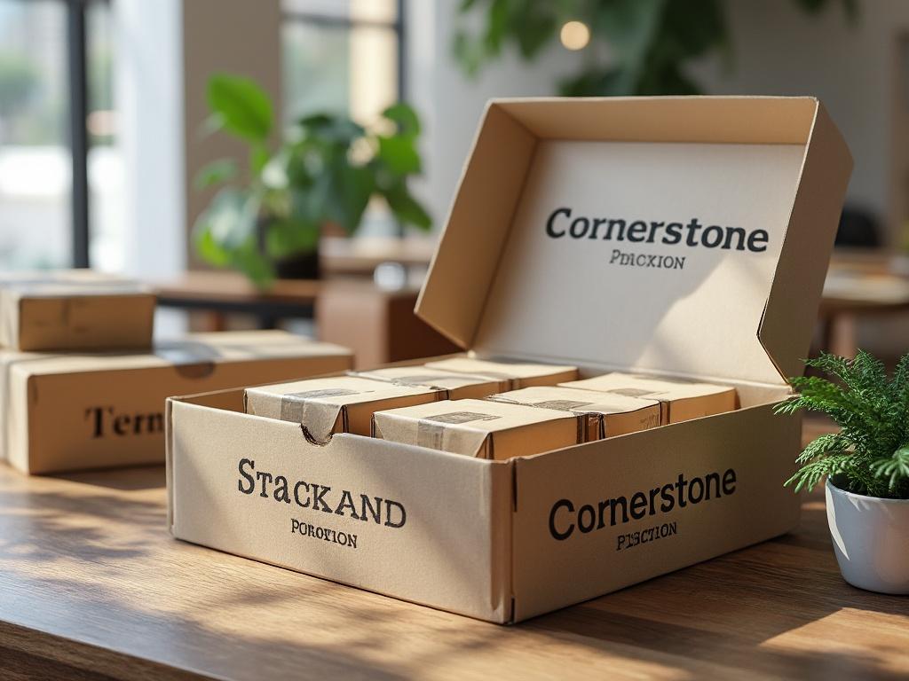 Open cardboard box labeled 'Cornerstone Precision' on wooden table, surrounded by additional smaller boxes and a potted plant in a bright, sunlit room.