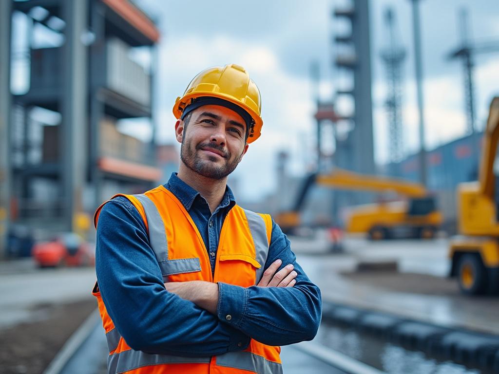 Trabajador de construcción con casco y chaleco de seguridad en obra.