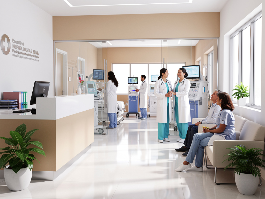 Recepción de clínica de nefrología moderna con médicos, pacientes y equipos de diálisis Recepción de clínica de nefrología moderna con médicos, pacientes y equipos de diálisis