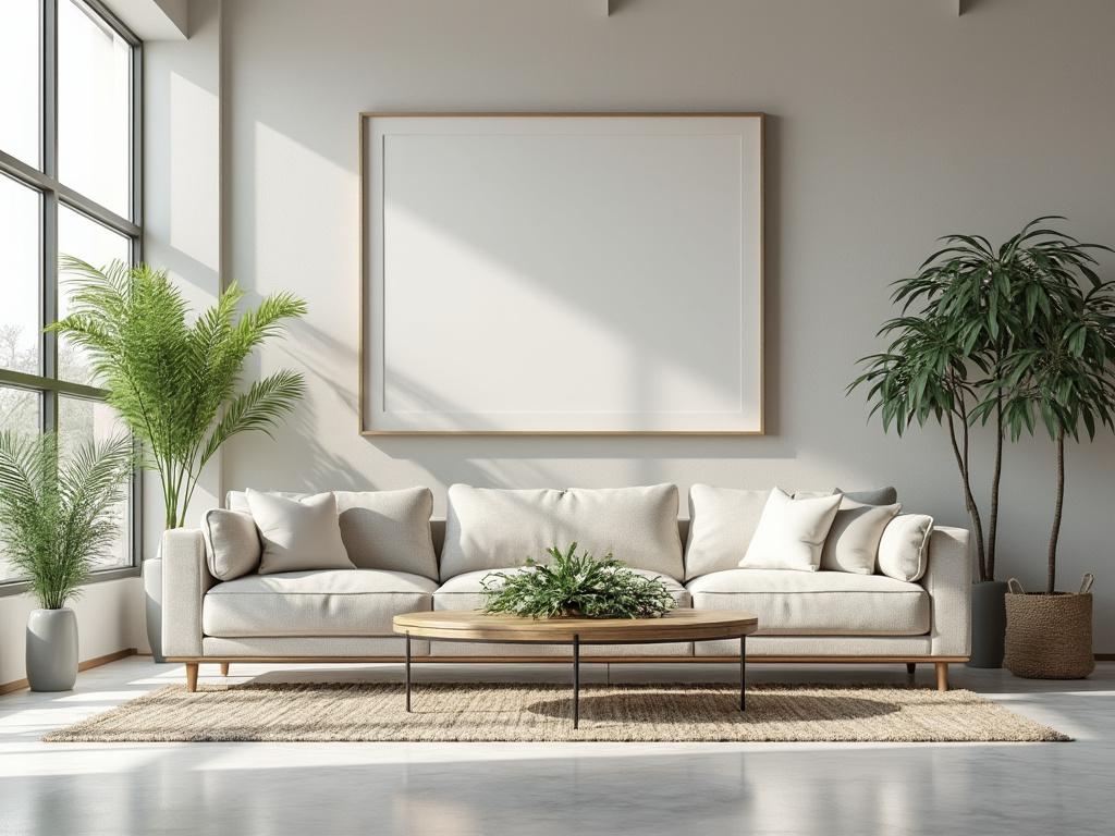 Sala de estar moderna con sofá beige, mesa de centro redonda, plantas en macetas y gran ventana con marco de madera. Sala de estar moderna con sofá beige, mesa de centro redonda, plantas en macetas y gran ventana con marco de madera.