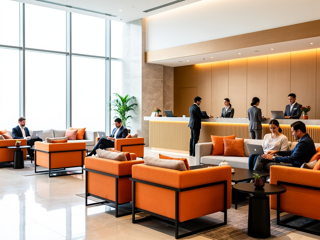 Lobby moderno de hotel con recepción, sofás naranjas, huéspedes trabajando con laptops y grandes ventanales