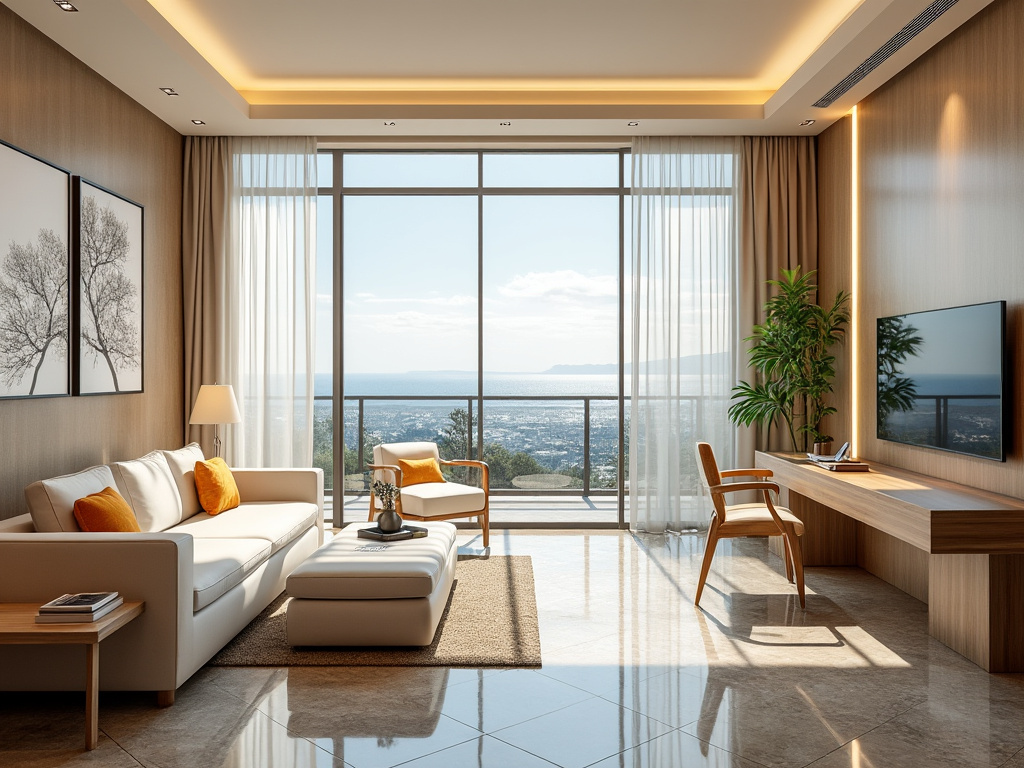 Sala de estar moderna con sofá blanco, cojines naranjas, vistas al mar desde un ventanal grande, decoración minimalista y planta verde.