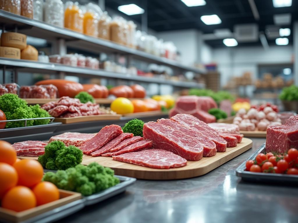 Various cuts of raw meat displayed on wooden boards, surrounded by fresh vegetables like broccoli, tomatoes, and oranges in a well-lit butcher shop.