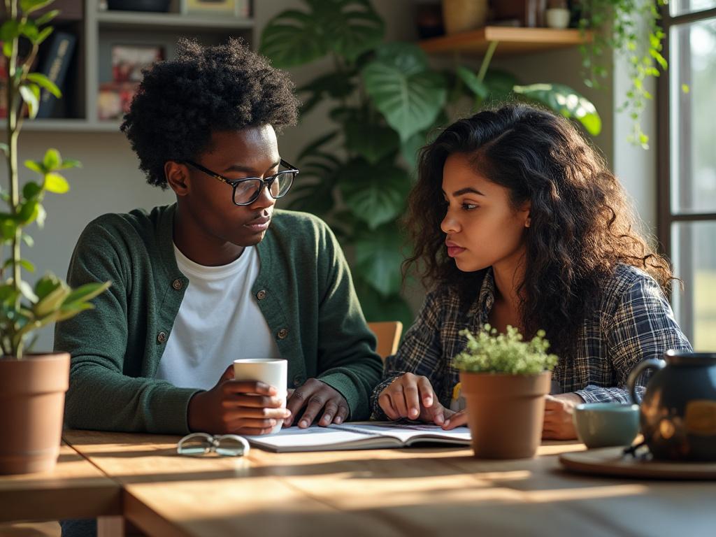 Two people studying together at a wooden table surrounded by plants, one holding a coffee cup and both looking at a book.