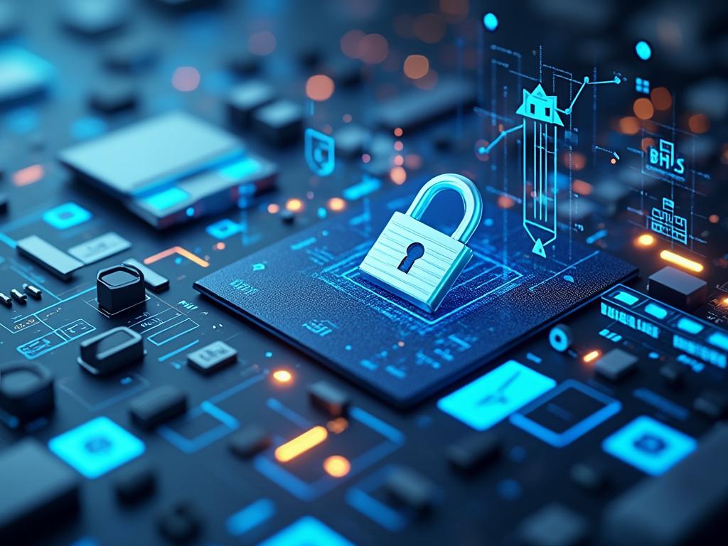 Candado digital sobre placa de circuito con gráficos de seguridad, simbolizando ciberseguridad.