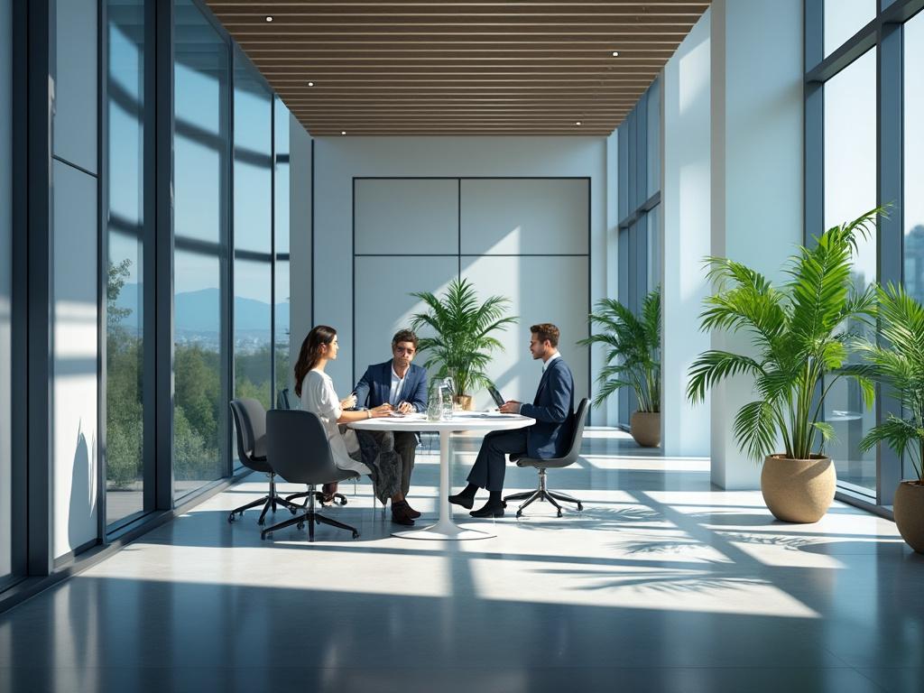 Reunión de tres personas en una sala de conferencias moderna con grandes ventanales y plantas verdes, discutiendo alrededor de una mesa redonda. Reunión de tres personas en una sala de conferencias moderna con grandes ventanales y plantas verdes, discutiendo alrededor de una mesa redonda.