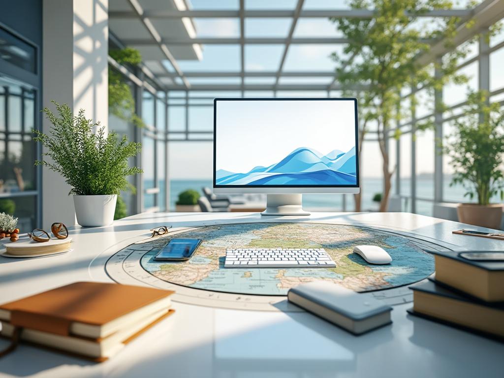 Espacio de trabajo moderno con computadora, libros, planta y vista al mar a través de ventanas grandes.