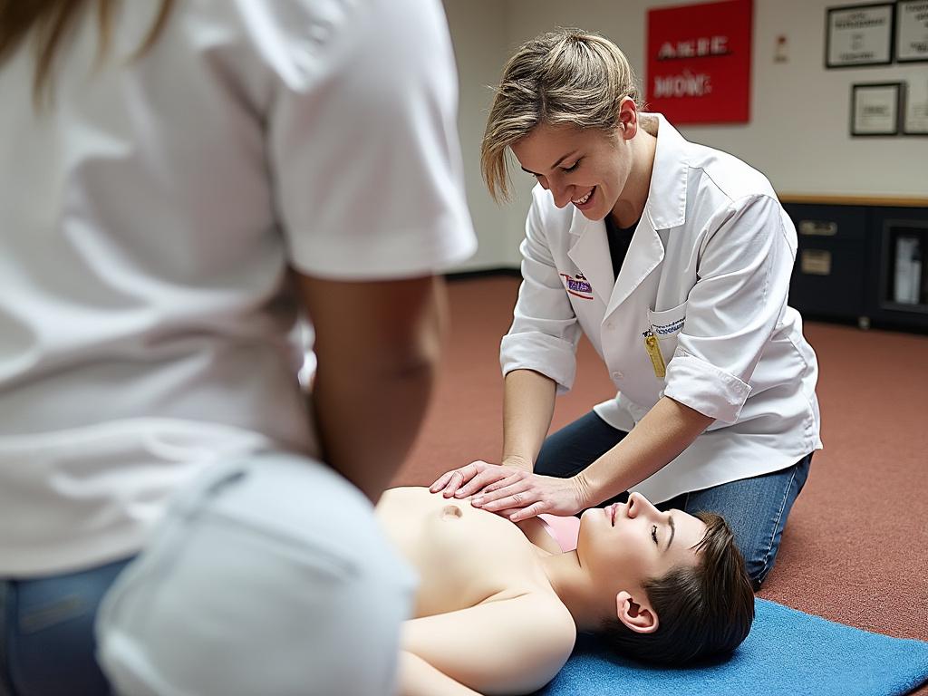 A medical professional in a white coat performing CPR training on a dummy, with another person observing in a classroom setting. A medical professional in a white coat performing CPR training on a dummy, with another person observing in a classroom setting.
