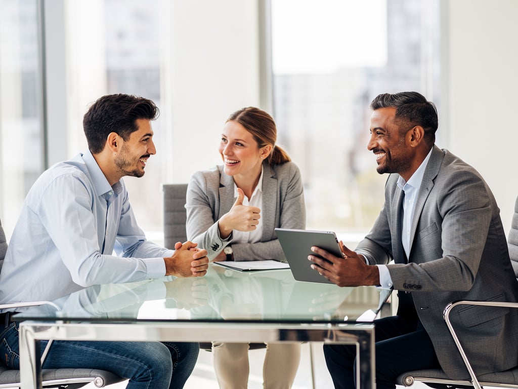 Equipo de negocios sonriendo en una reunión de oficina moderna con tableta y mesa de cristal