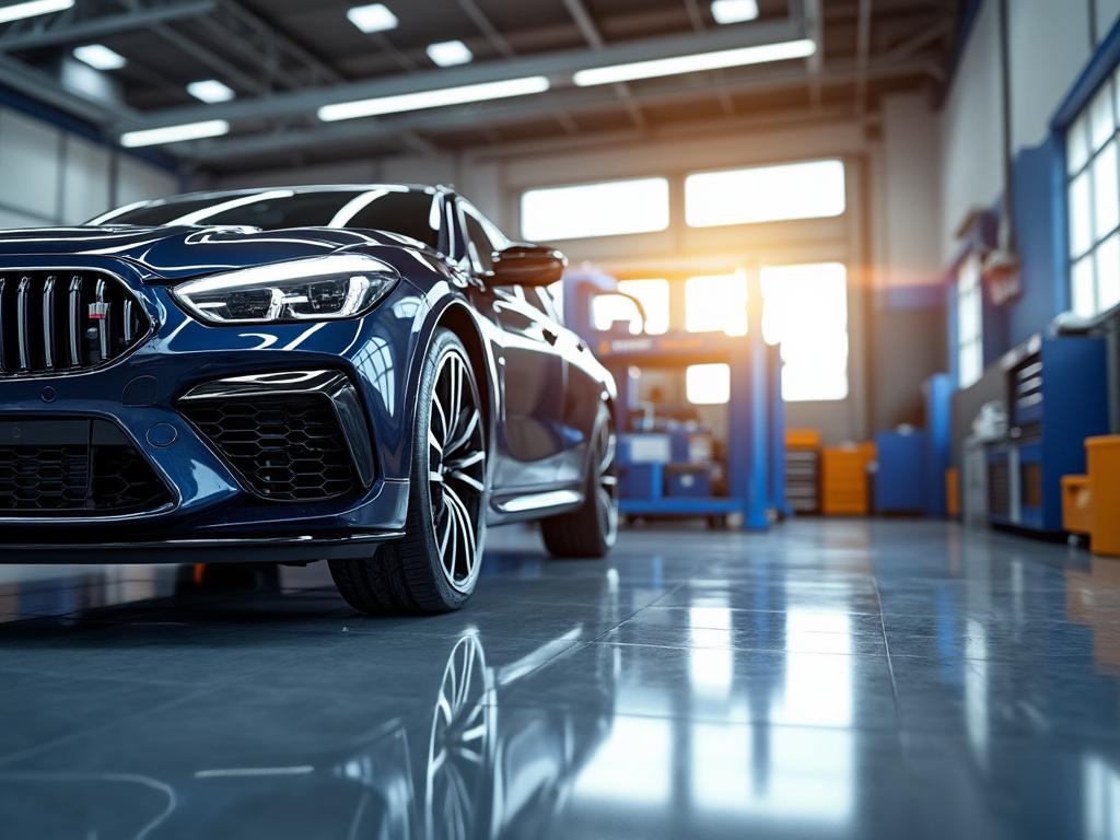 Coche deportivo azul en un taller moderno con luz de atardecer entrando por la ventana.