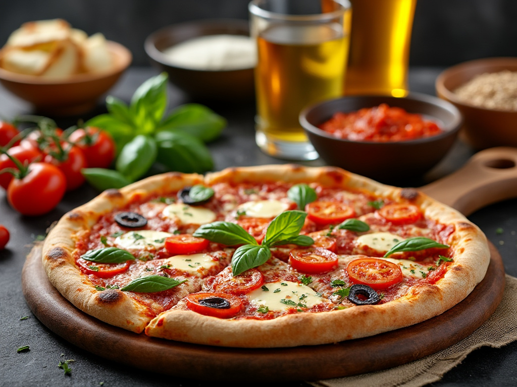 Pizza Margherita com tomate, azeitonas e folhas de manjericão, servida em tabua de madeira.