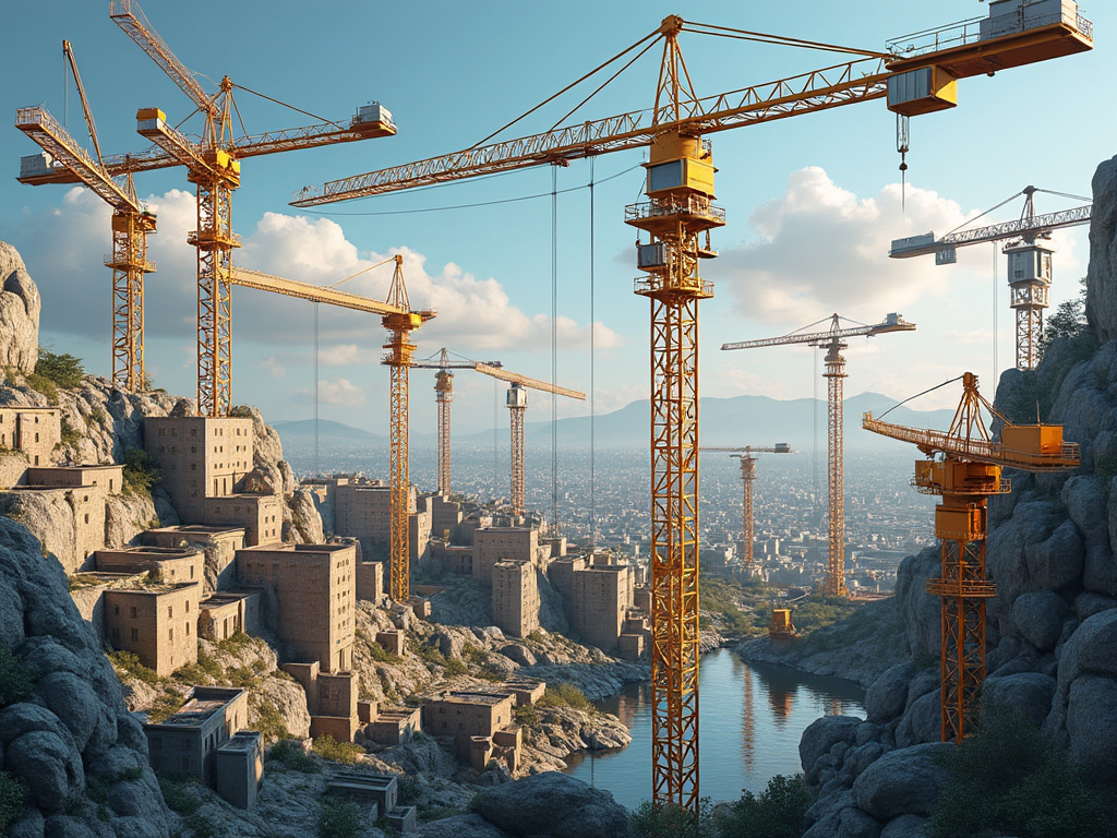 Grandes grúas amarillas en un sitio de construcción montañoso con edificios antiguos, cerca de un río, bajo un cielo parcialmente nublado. Grandes grúas amarillas en un sitio de construcción montañoso con edificios antiguos, cerca de un río, bajo un cielo parcialmente nublado.