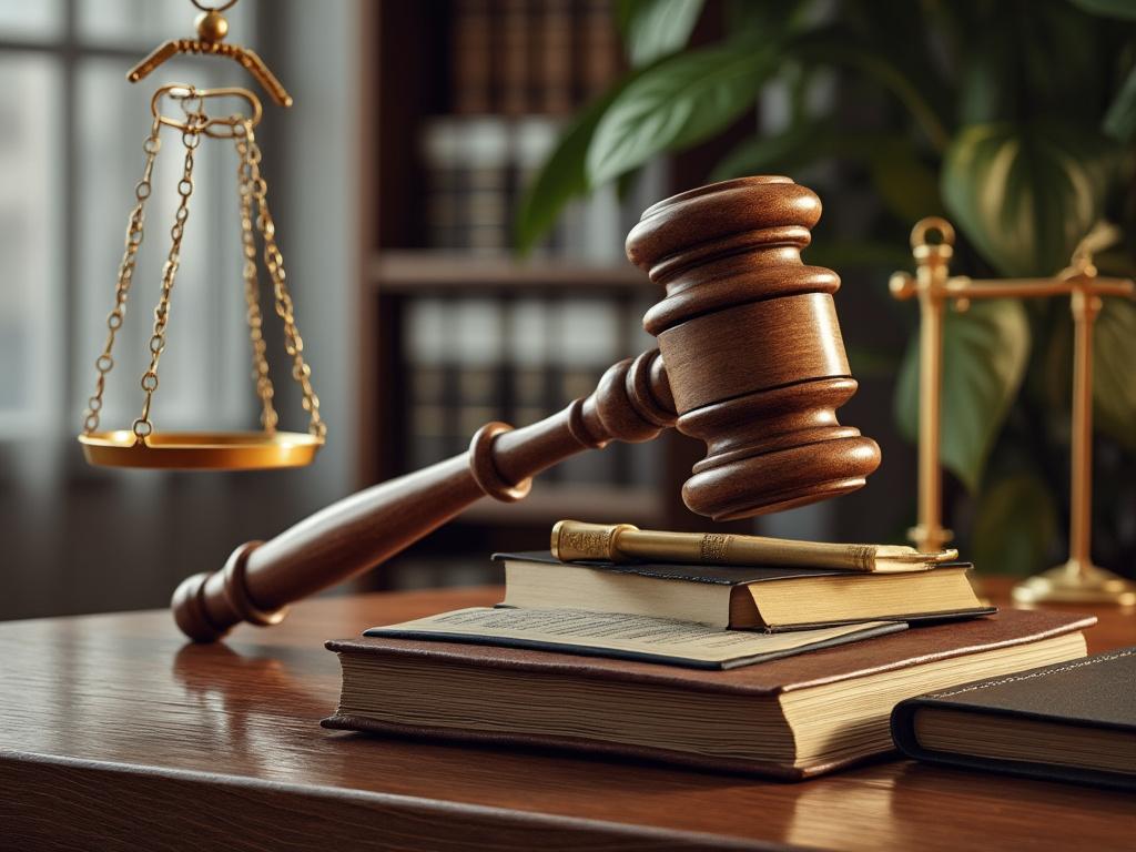 Mazo de juez sobre libros con balanza de justicia en fondo, simbolizando el sistema legal.