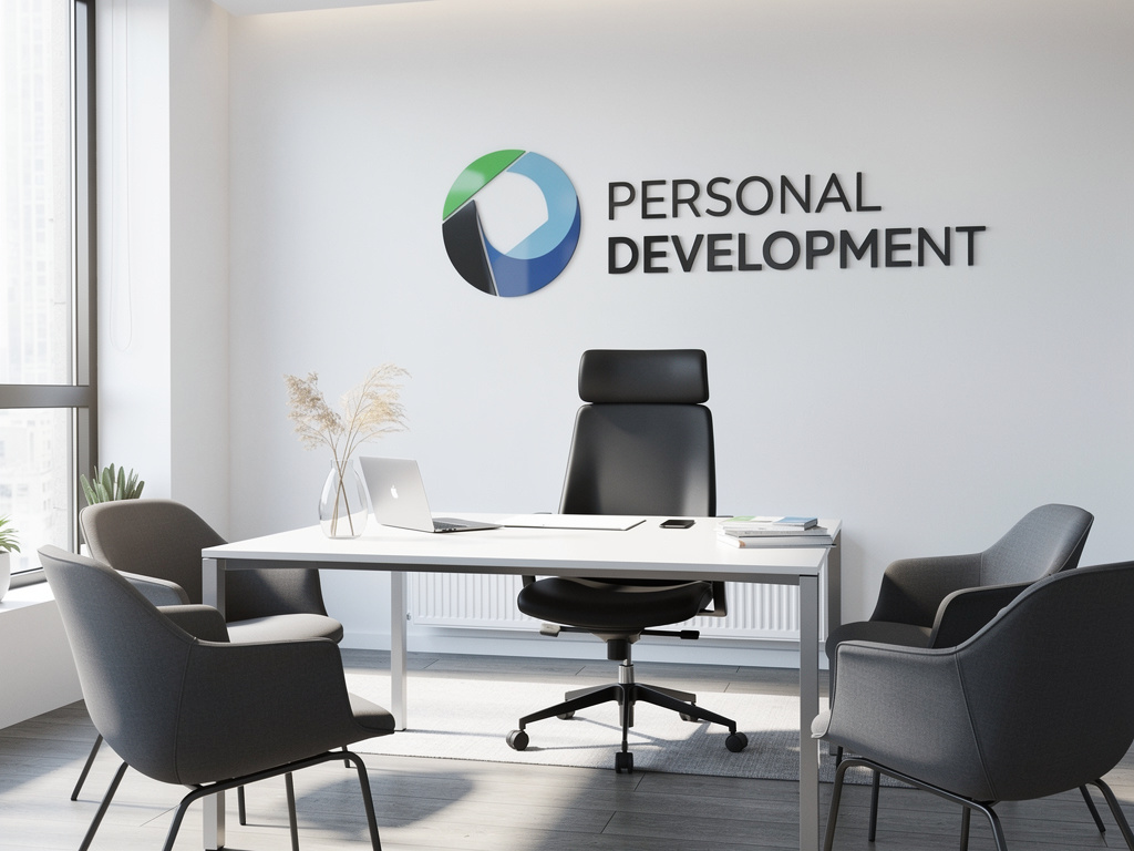 Modern personal development office with logo wall, desk, chairs, laptop, and natural light