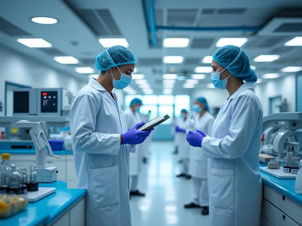 Científicos con batas blancas y mascarillas trabajan en un laboratorio moderno con equipo de investigación.